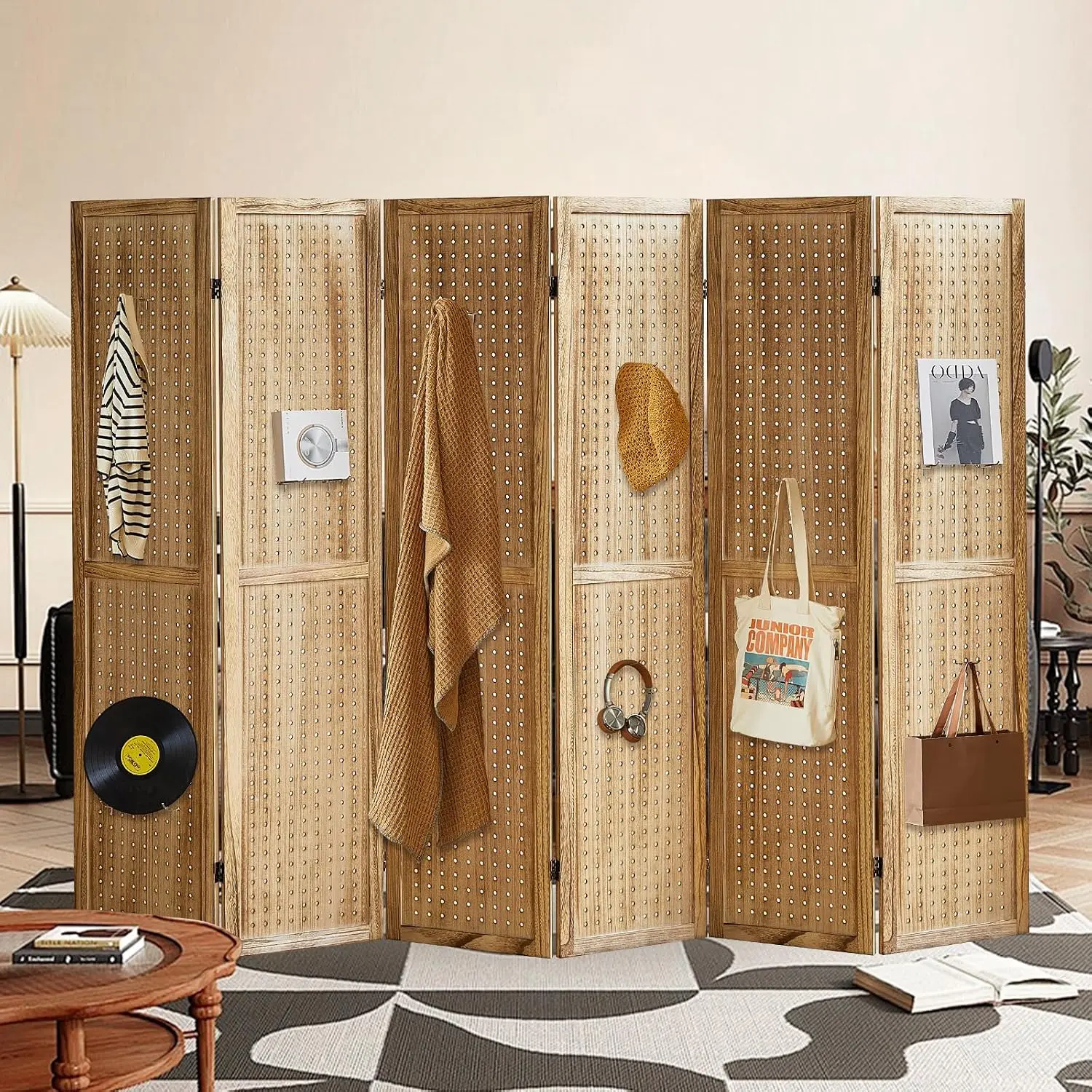 6 Panel Folding Room Divider & Privacy Screen, Pegboard Display with 24 Hooks, Bedroom Partition Jewelry Stand, Light Brown, Cus