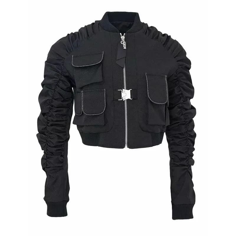 

Krisnanas Moto Style Black Jackets for Woman 2025 Safari Pockets Folds Long Sleeve Baseball Collar Boyfriend Outercoat 68666