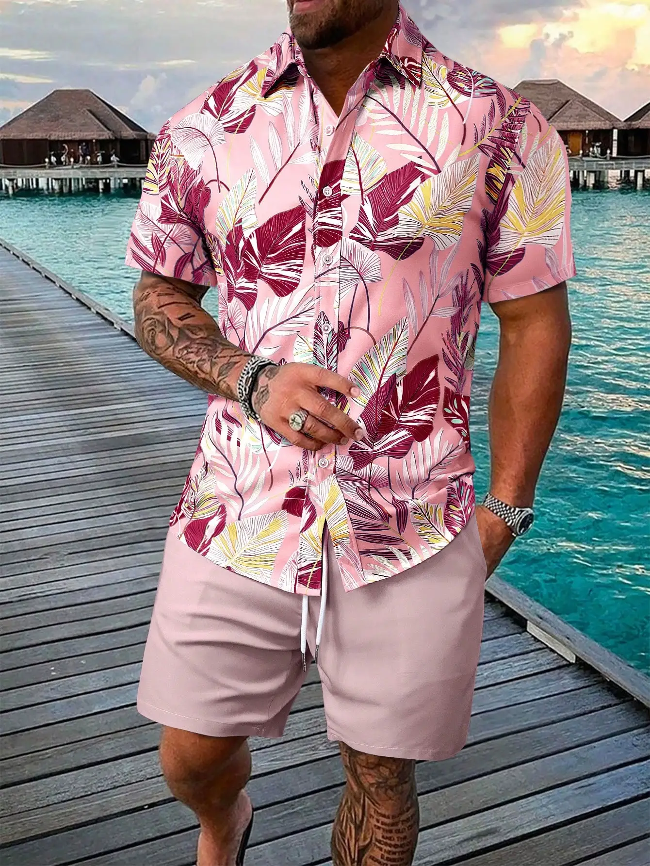 

Mens Tropical Leaf Print Short Sleeve Shirt And Matching Solid Shorts Set For Beach Vacation