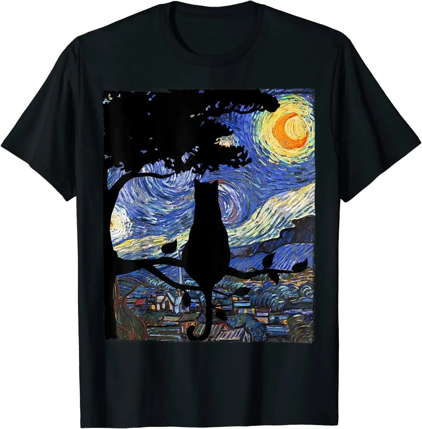Cat and Starry Sky Print T-shirt Short Sleeved Round Neck Casual Classic Harajuku Street Style Fun Gift Women Clothing Y2K Tops