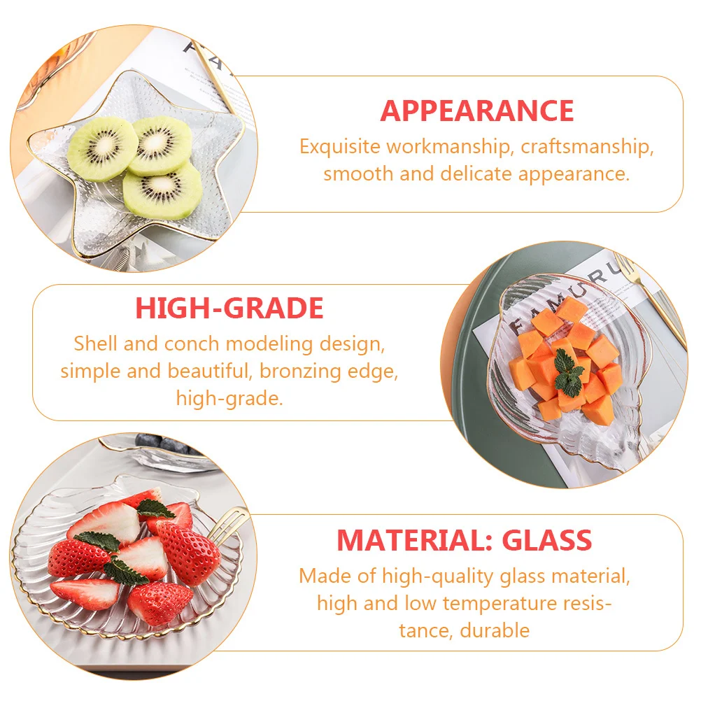 

4Pcs Glass Fruit Plates Transparent Gold Edged Jewelry Display Trays with Sea Star Shell Design Storage for Rings Earrings