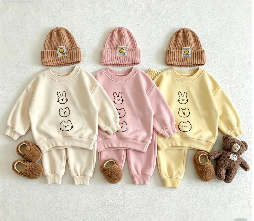 Kids Three Animal Line Print Two Piece Tracksuit Soft Cotton Sweatshirt And Elastic Cuff Jogger Pants Children Simple Wear Suits