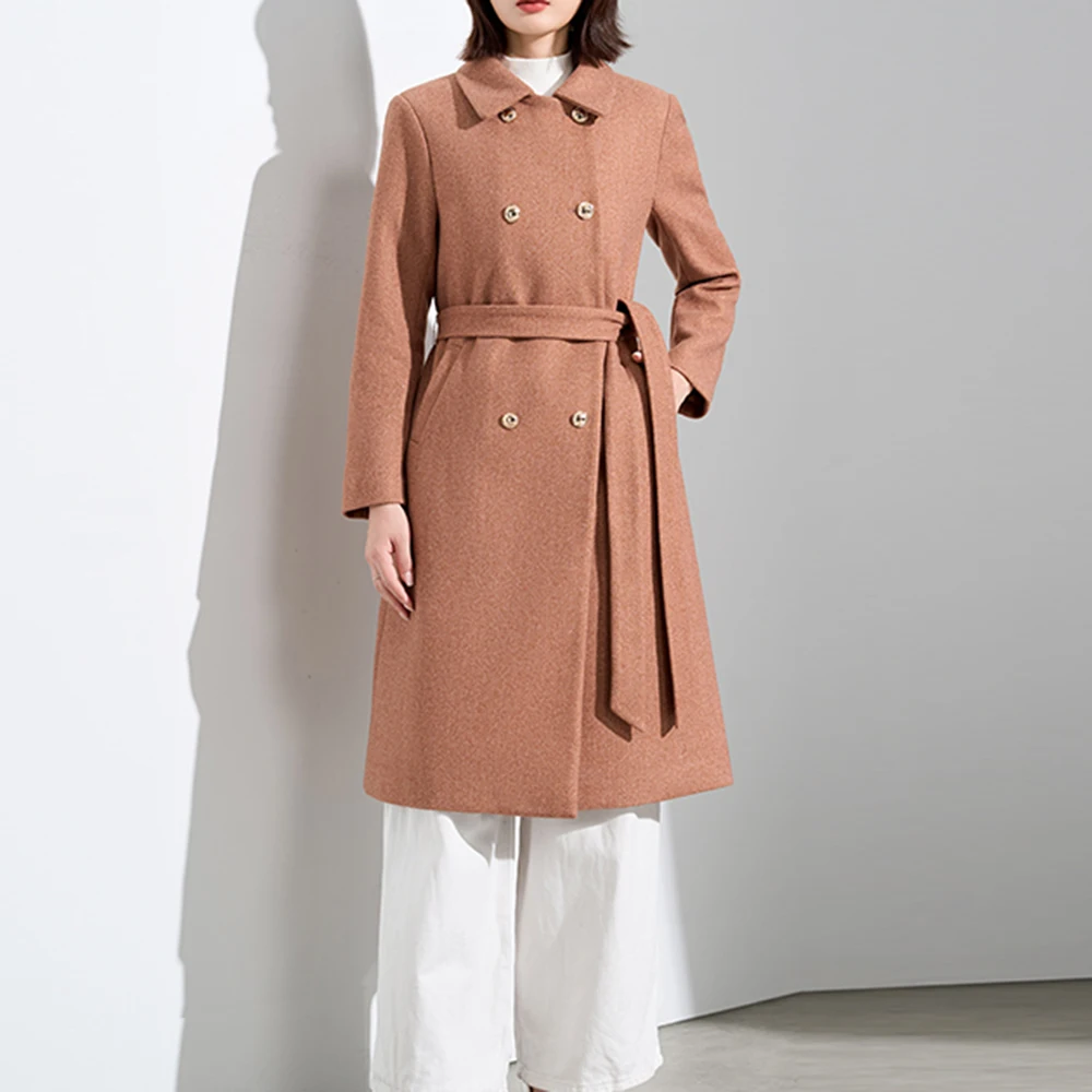 ZJYT Autumn Winter Long Woolen Jackets Coats Women 2025 New Fashion Lace Up Double Breasted Overcoat Plus Size Outerwears Female