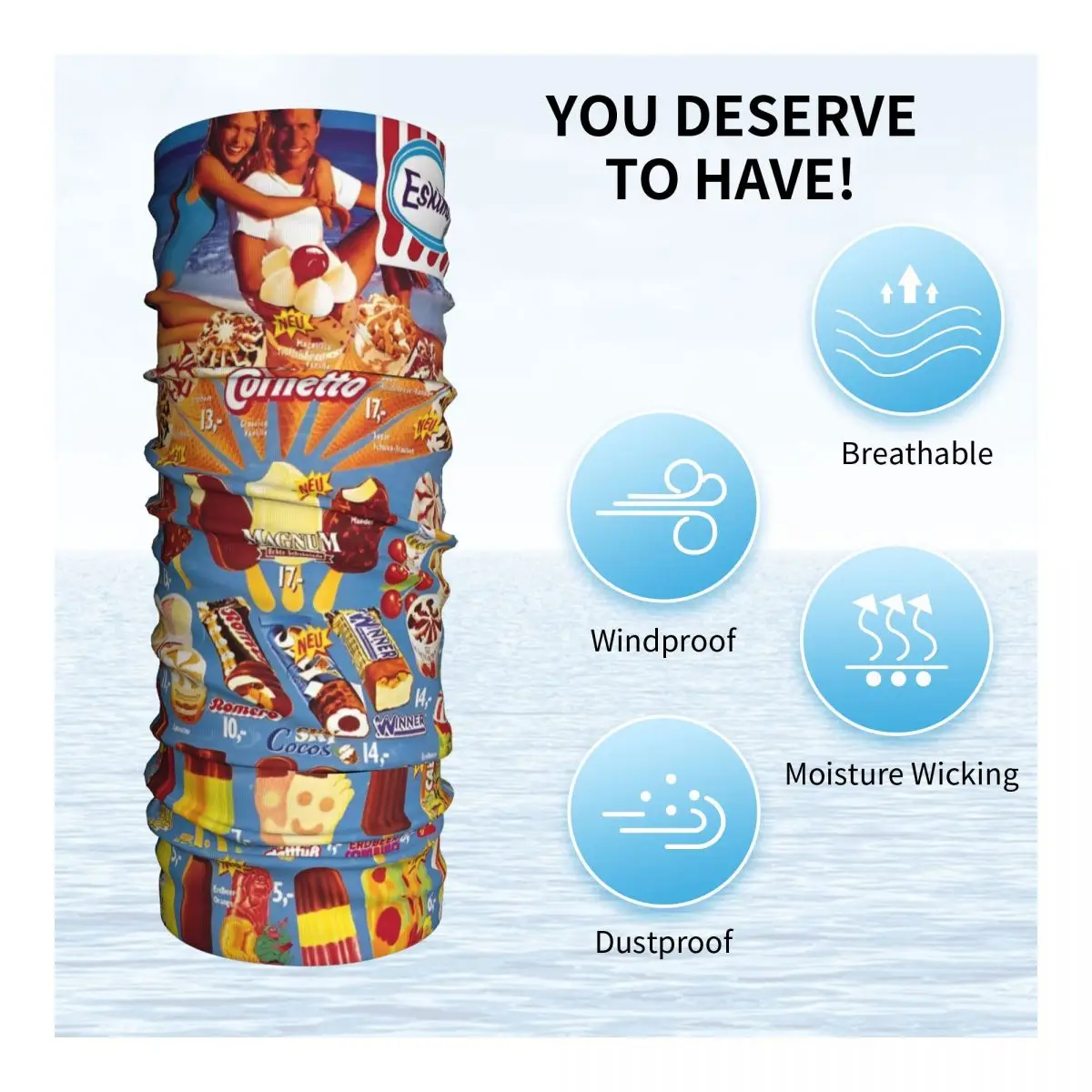 Cooling Vintage Ice Cream Menu Neck Gaiter Bandana Breathable Retro Ice-Cream Poster Motor Riding Scarf for Riding