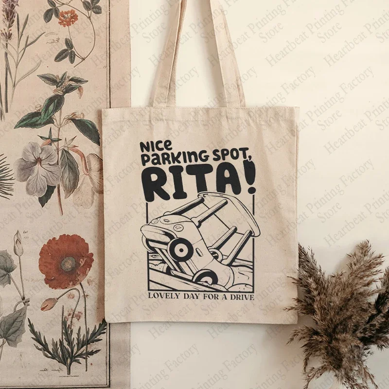 لطيفة وقوف السيارات بقعة ريتا نمط قماش حمل حقيبة مضحك سيارة نمط قابلة لإعادة الاستخدام حقيبة تسوق صديقة للبيئة حقيبة كتف للاستخدام اليومي