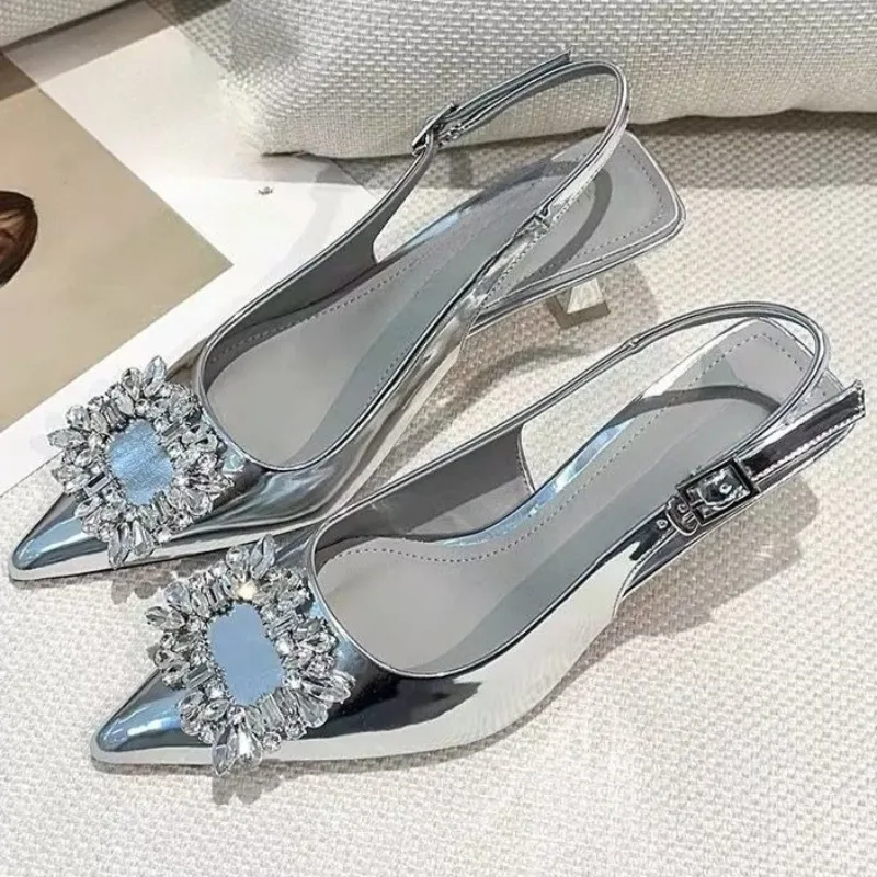 

Women's Shoes Luxury Baotou Fine Heel Patent Leather Women's Sandals Summer Pointed Toe Rhinestone High Heels Zapatos De Mujer