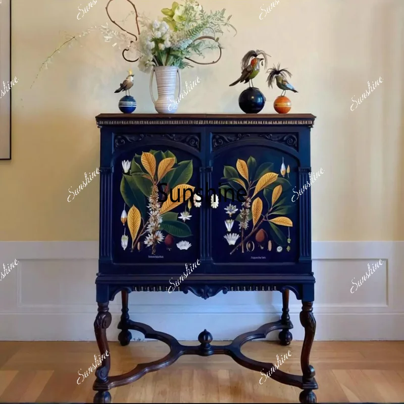 French hand-painted solid wood porch cabinet foyer integrated storage and painted decoration against the wall