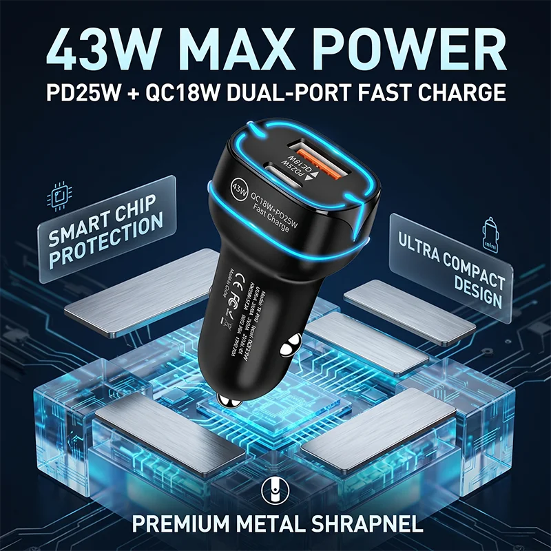

﻿ Dual Port Fast Charging Vehicle Auto Charger 43W Type C PD 25W USB A QC 18W Power Adapter with Blue LED Ring Light Indicator