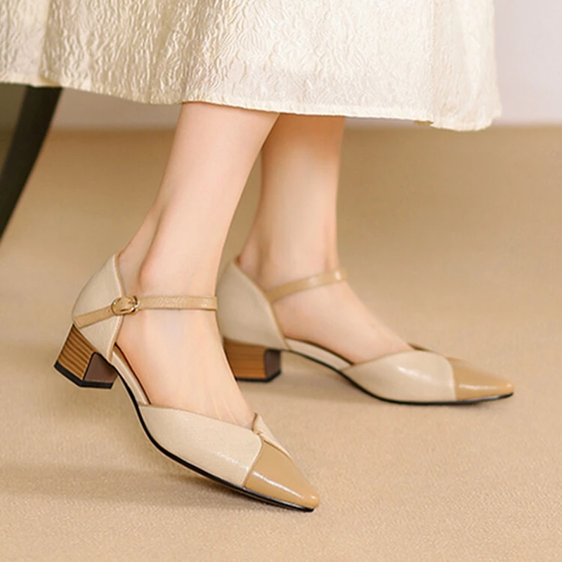 NEW Summer Women Sandals Genuine Leather Shoes for Women Cover Toe Chunky Shoes Pointed Toe Cover Heel Sandals Mixed Color Shoes