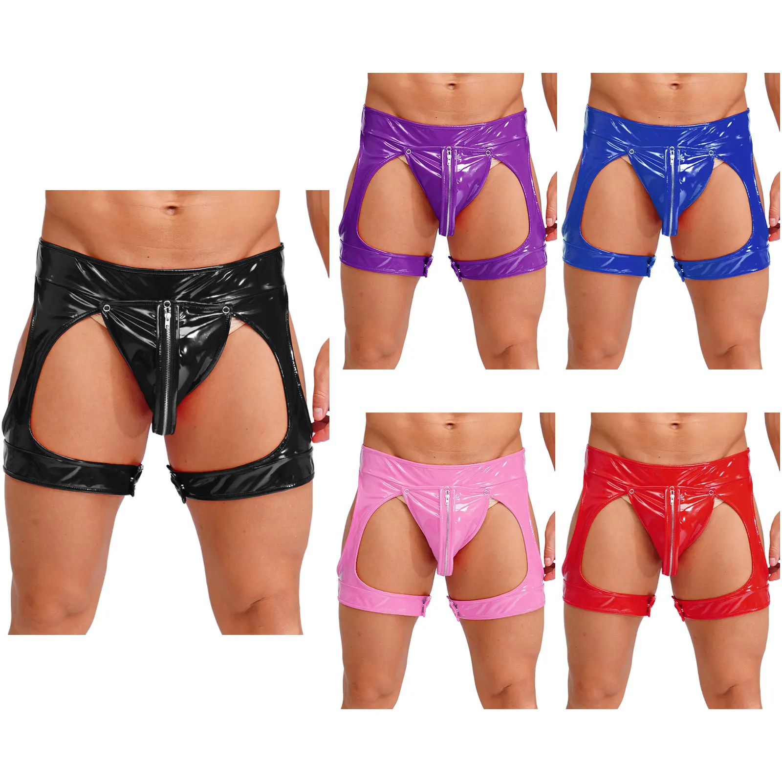 

Men Faux Leather Lingerie Underwear Removable Bulge Pouch Zipper Thong with Legs Bands Sissy Underwear Night Club Wear