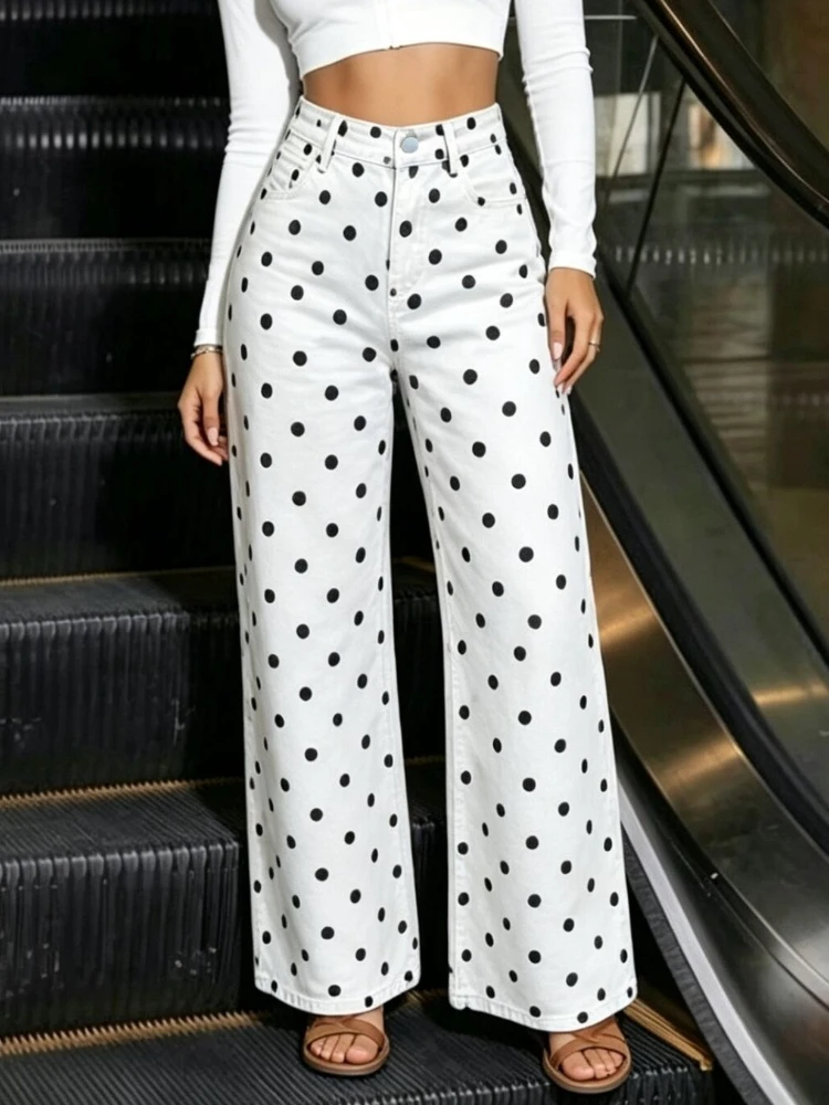 

Women Polka Dot Jeans Y2K Print High Waisted Wide Leg Denim Pants Vintage Stretchy Boyfriend Jeans 90s Streetwear