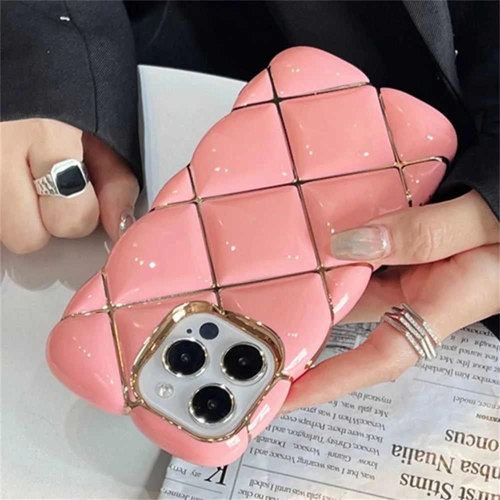 Cute 3D Diamond Lattice Pattern Plating Soft Silicone Phone Case for IPhone 14 11 12 13 15 16 Pro Max Cushion Shockproof Cover