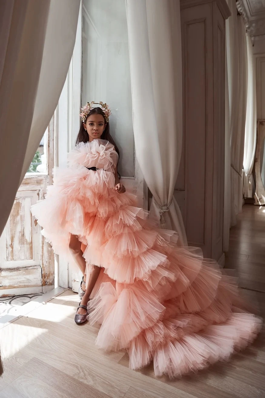 Vestidos de desfile para niñas, sin tirantes vestido de baile, tul escalonado, vestidos de flores para bodas, primera comunión, niños y bebés