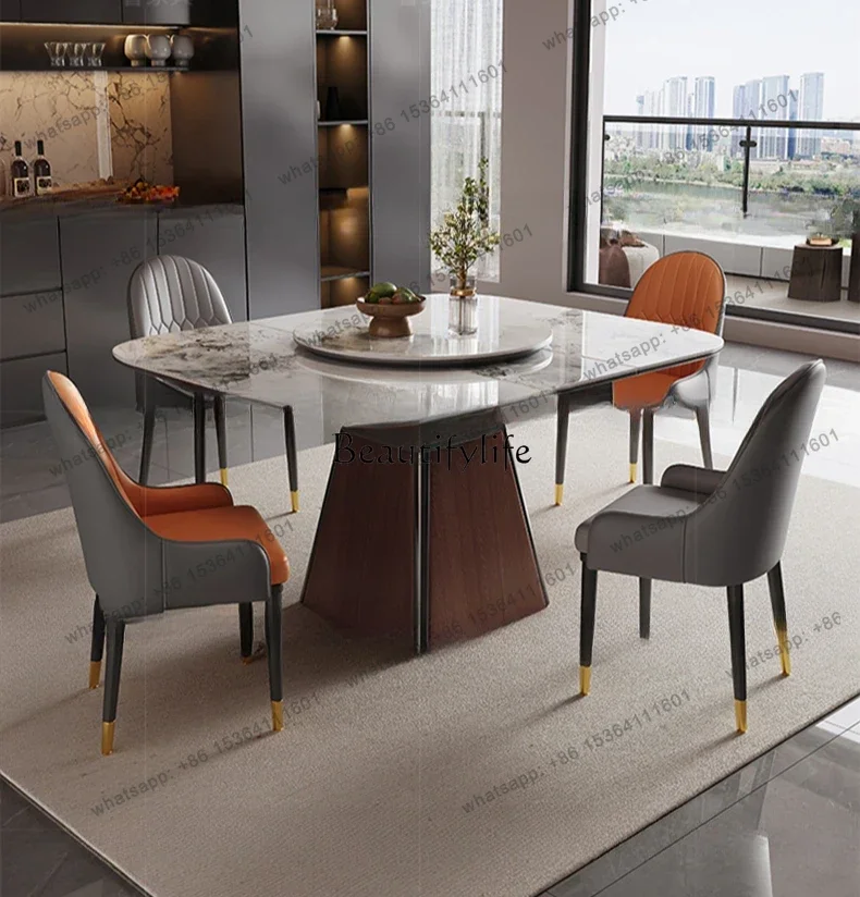 12Telescopic square rock slab dining table Small apartment dining table with turntable integrated