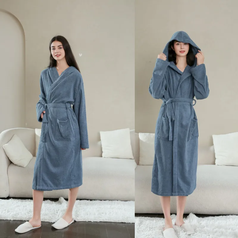 Women Cotton Towel Long Bathrobe Sleepwear Water Uptake Bath Robe Loose Female Dressing Gown Cozy Solid Hooded Hotel Spa Robe