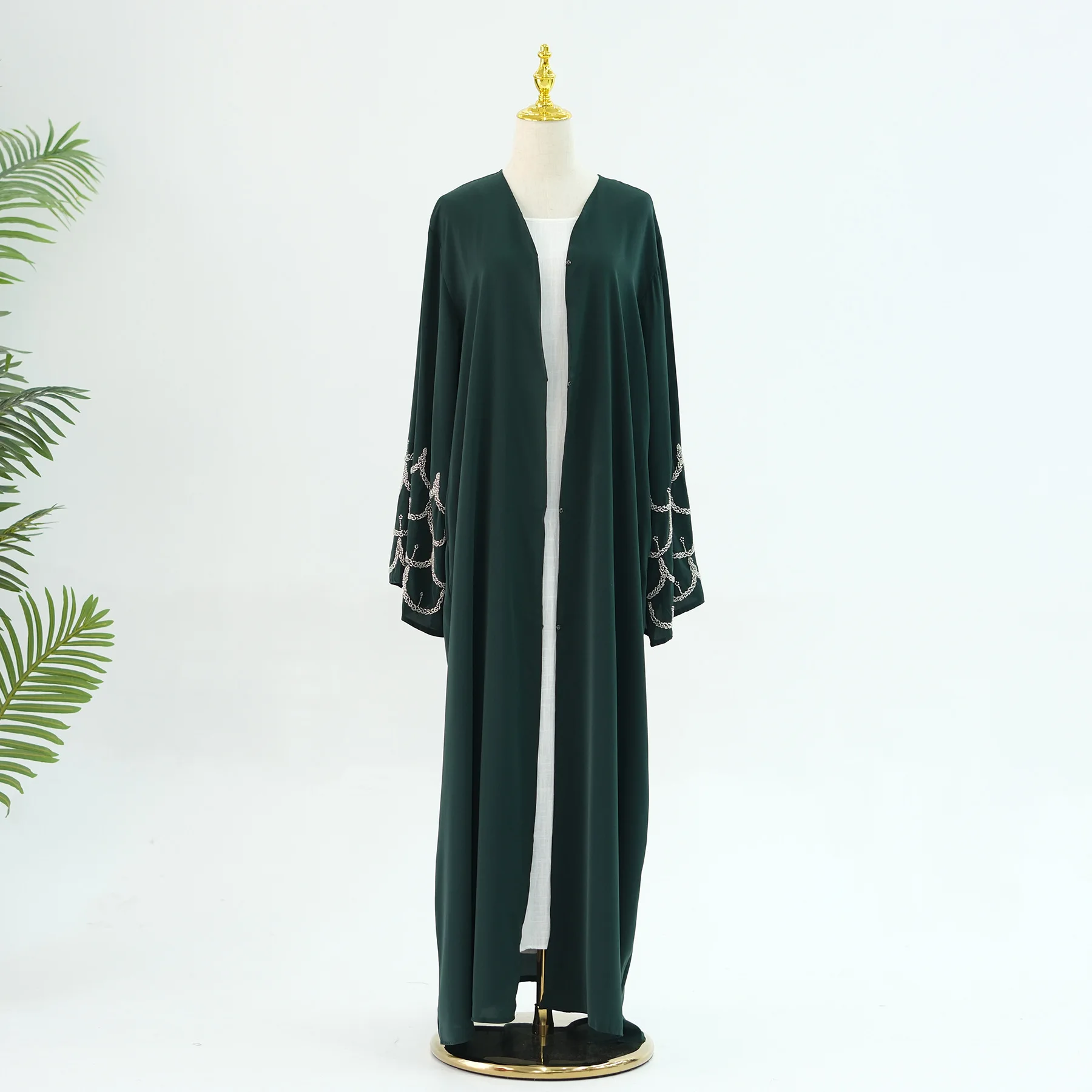 Muslim Women Hand Beaded Abaya Kaftan Open Front Robe Middle Eastern Elegant Modest Dress