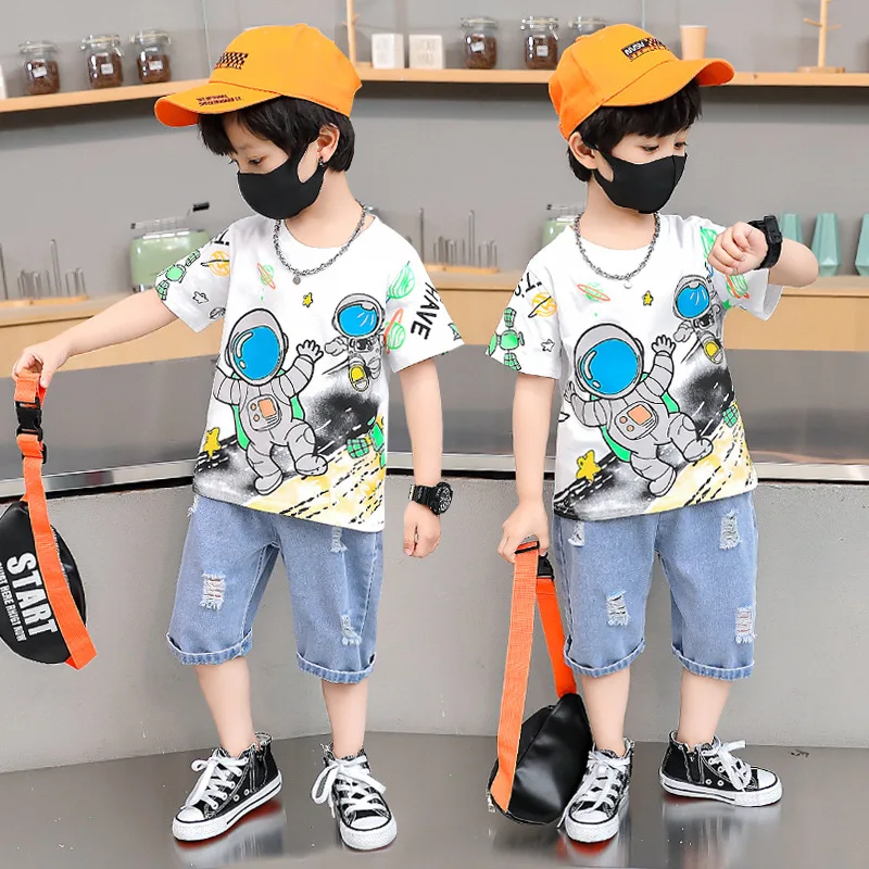 

Teenage Boys Summer Suit Kids Short Sleeve T-Shirt + Jeans Shorts 2pc Astronaut Pattern Outfits Children Boys Casual Clothes Set