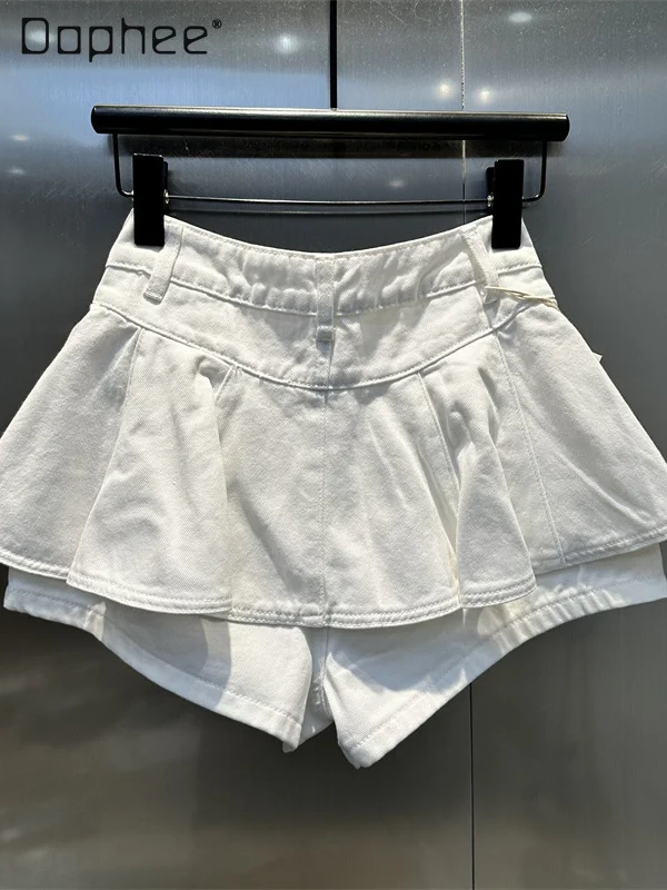 ストリートスパイスガール偽ツーピーススプライシングデニムショーツ女性夏の通勤スタイルファッション無地カジュアル多用途ショーツ