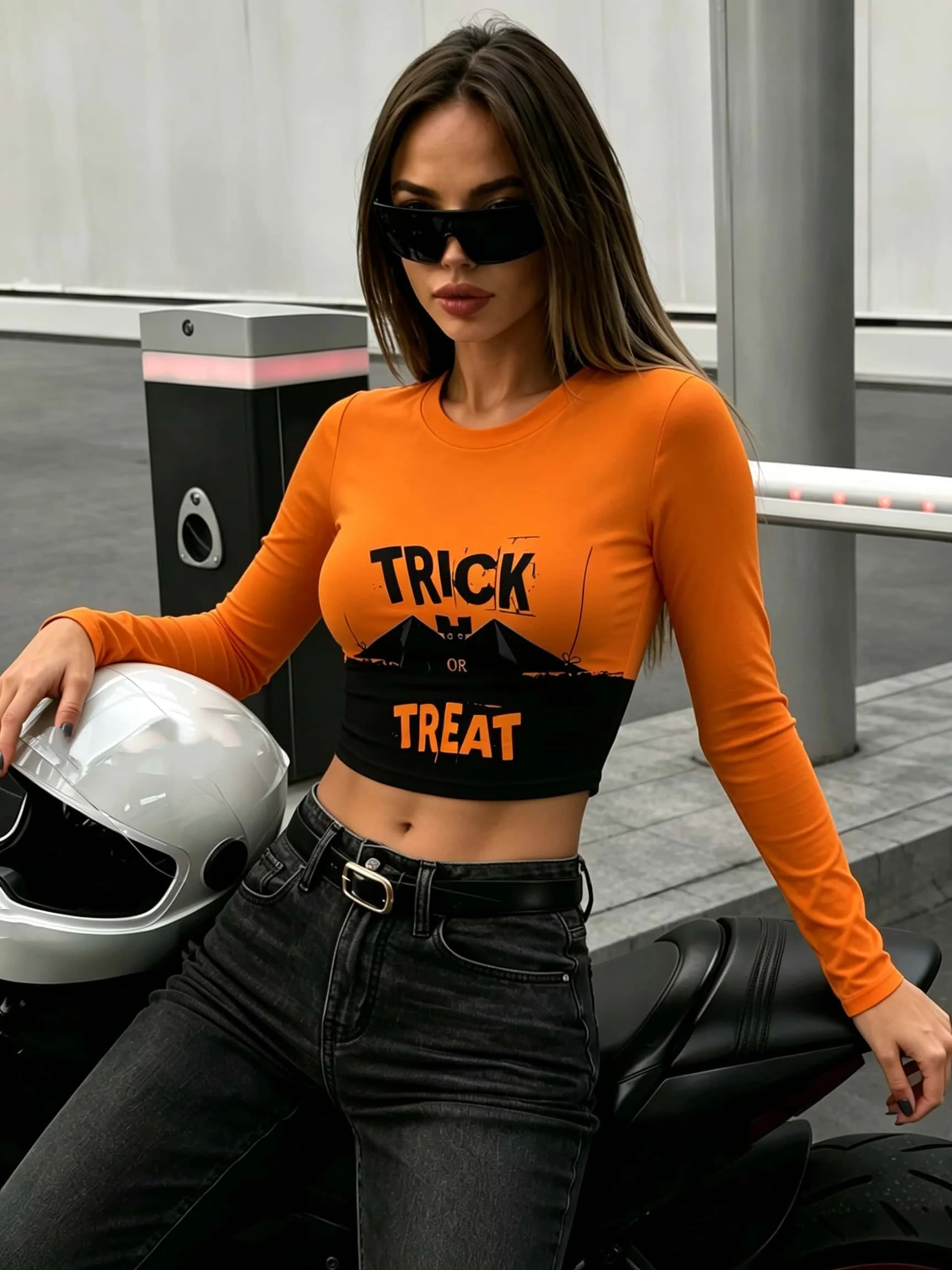 Halloween Pumpkin Print Long Sleeved T-shirt for Women's Motorcycle Slimming Party, Regular Cycling Top, Women's Gift