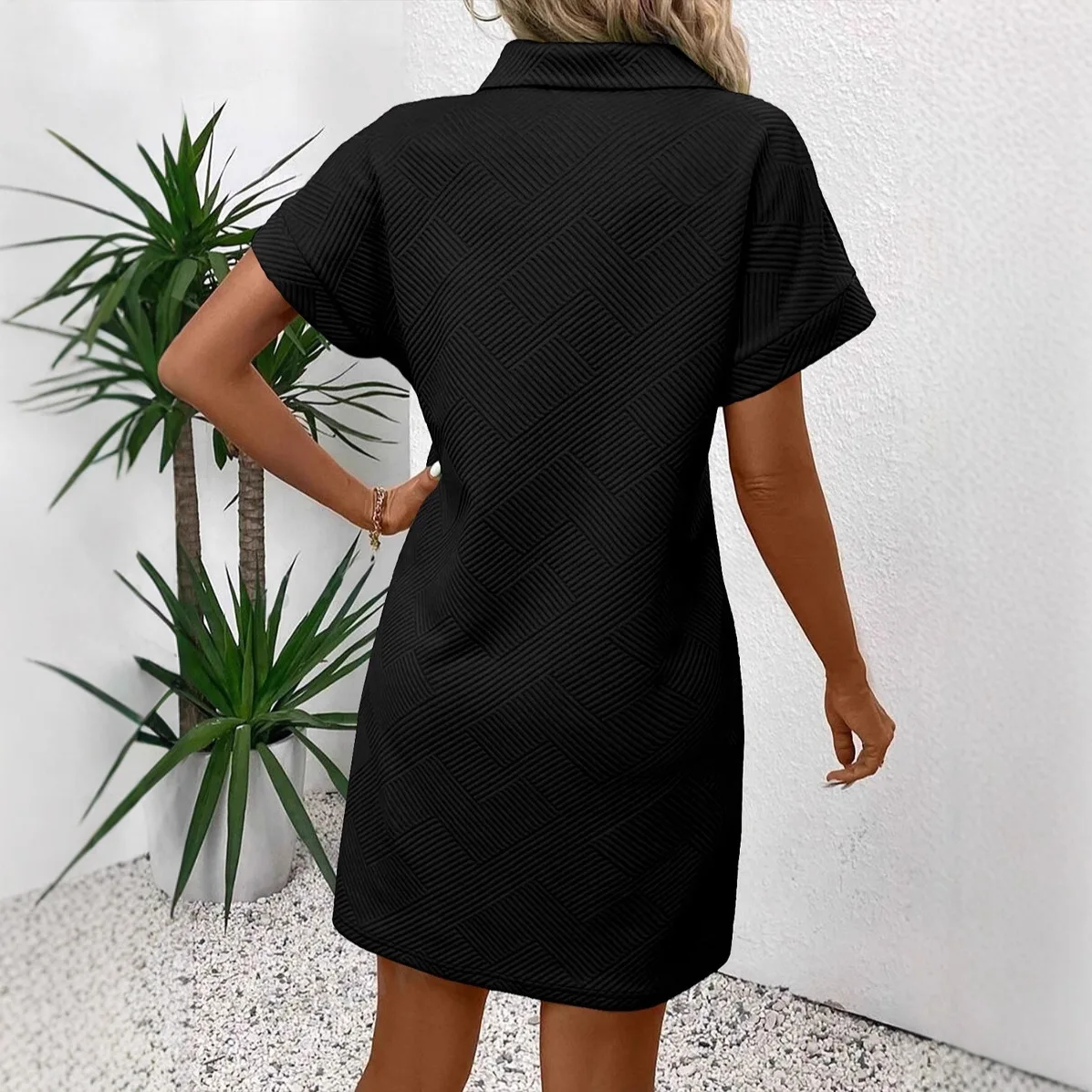 تنورة قصيرة كاجوال فضفاضة مع جيب بياقة مقلوبة وأكمام قصيرة فستان محبوك من ألياف البوليستر على شكل حرف A صورة ظلية مريحة.. #2