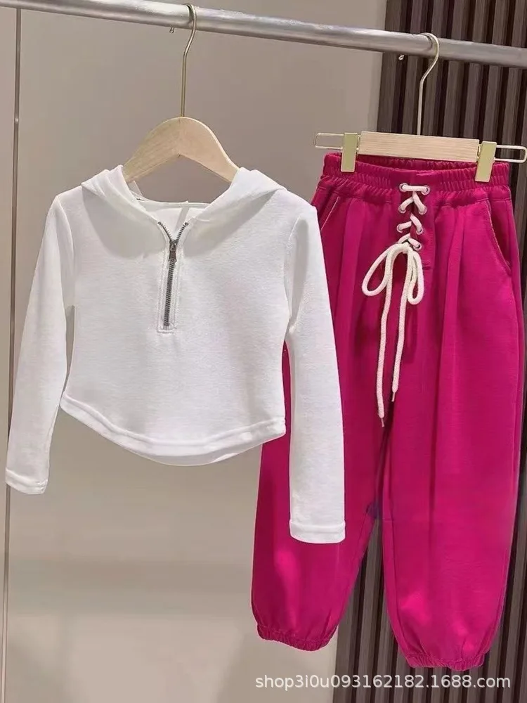 

Summer Spring Girls Plain Half Zip Sweatshirt+Drawstring Sweatpant Sets School Kids Tracksuit Child Outfit Jogger Suit 3-16Years