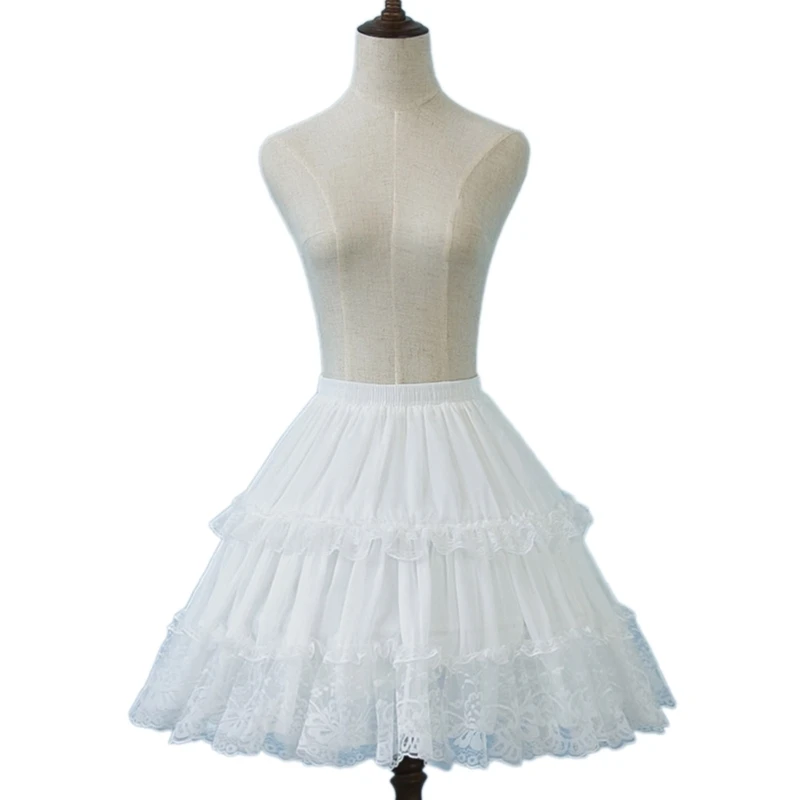 Women 2 Layer Petticoat Skirt Cosplay Party 2 Hoop Pleated Lace Short Underskirt P8DB