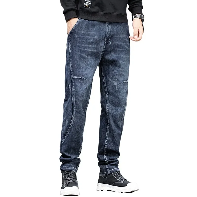 High Appearance Level Trousers Summer Thin Splicing Elastic Fattening Enlarged Jeans Men's Fat Men's Loose Straight Trousers New