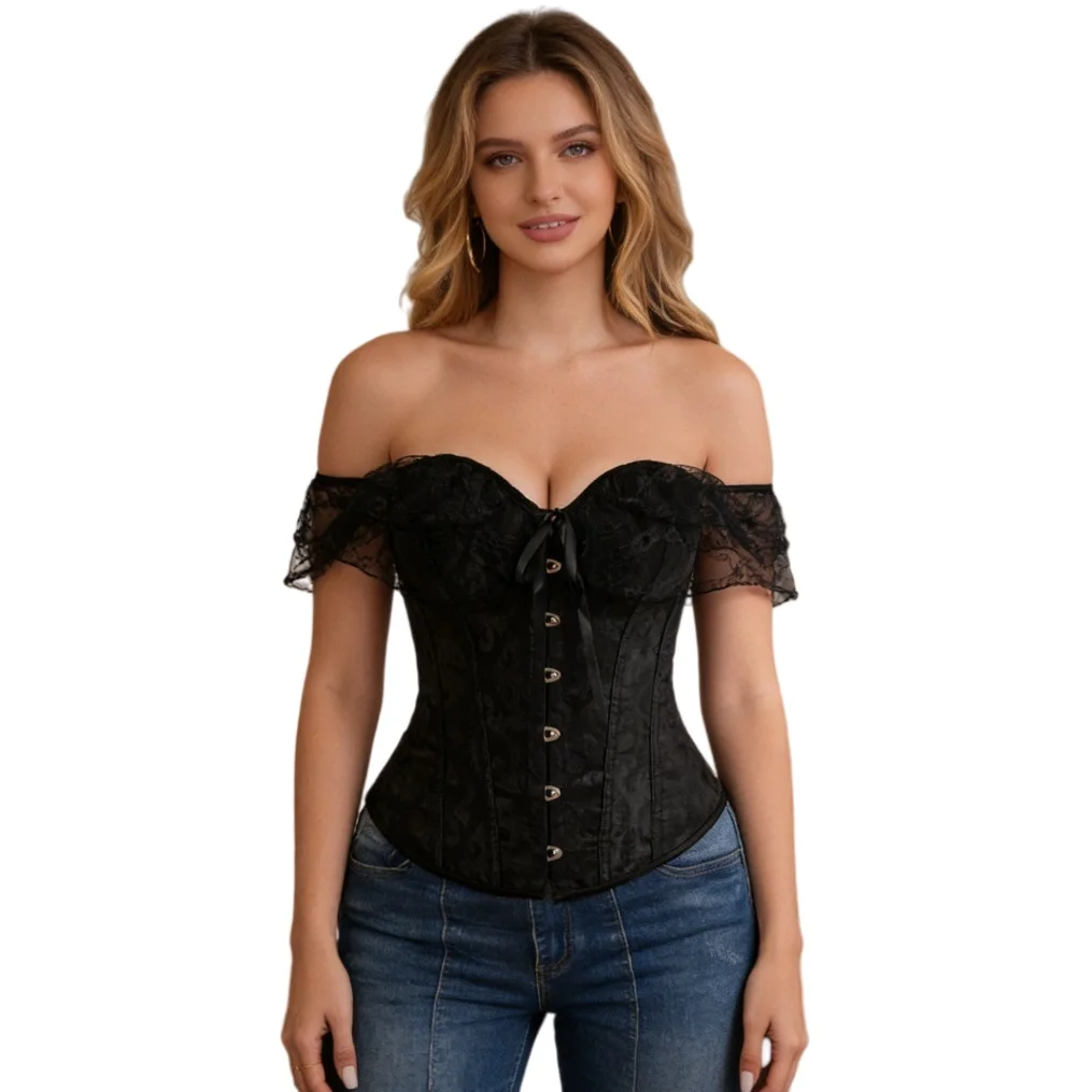 Women's Lace Off-Shoulder Corset Top - Vintage Overbust Bustier Tummy Control Shapewear Lace Up Bustier Camisole Outerwear
