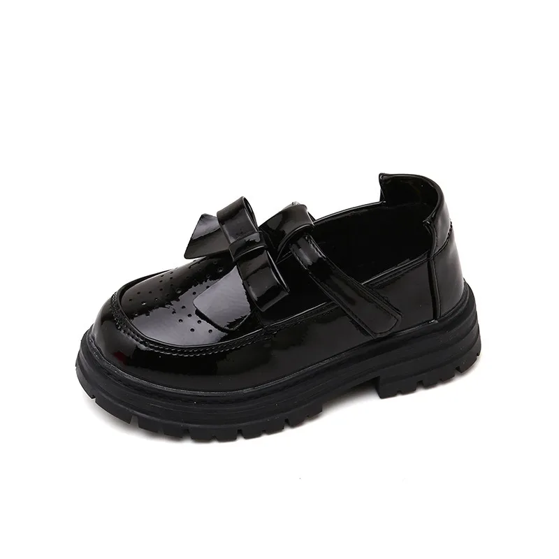 British Style Black School Girl Shoes Glossy Children\'s Leather Shoes Spring Autumn Bowtie Versatile Kids Causal Princess Shoes