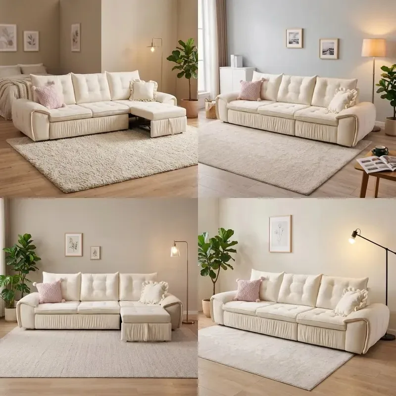 Modern luxury custom fabric folding sofa bed with tufted trim and metal frame, suitable for living room or bedroom