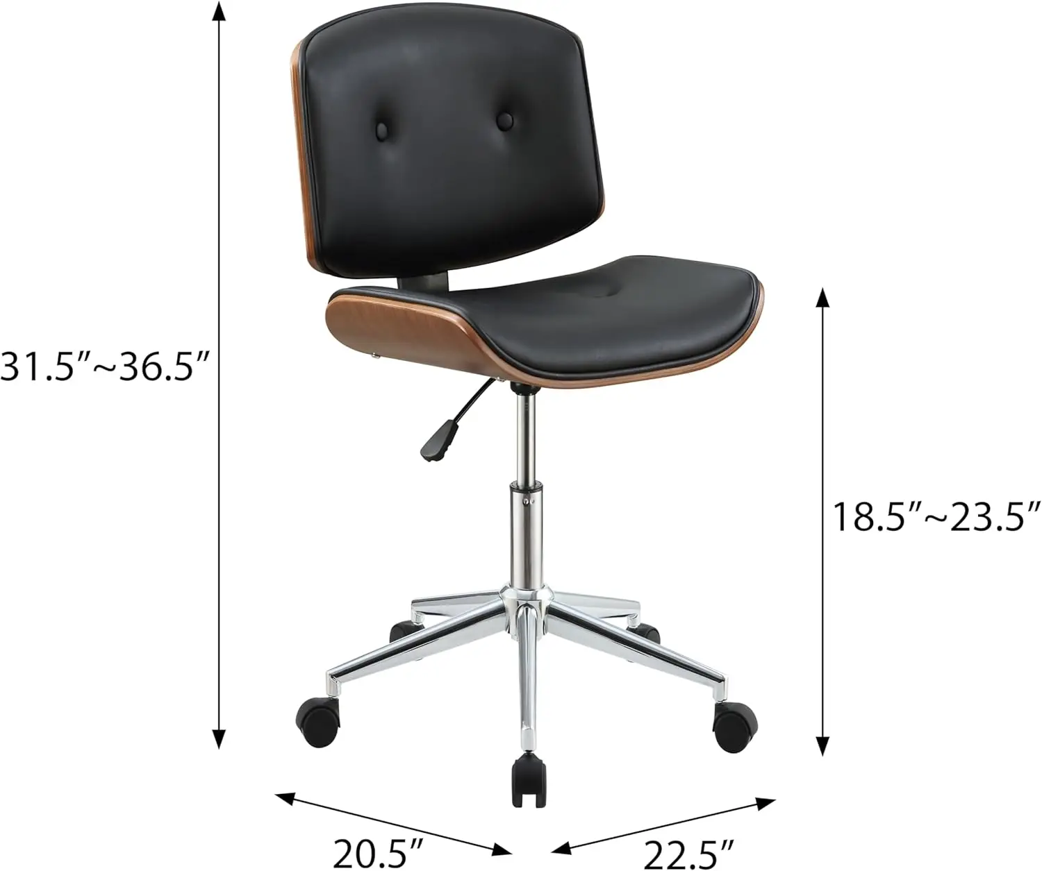 Cadeira de escritório doméstico com rodas, assento de mesa sem braços com altura ajustável, couro PU com encosto médio 360 °   Cadeiras giratórias modernas em madeira de nogueira