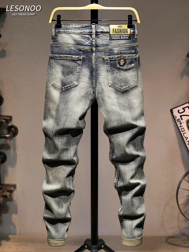 

Retro American Men's Jeans Trendy Slim Straight Leg High Quality Heavy Washed Long Pants Youthful Cotton Stretch Denim