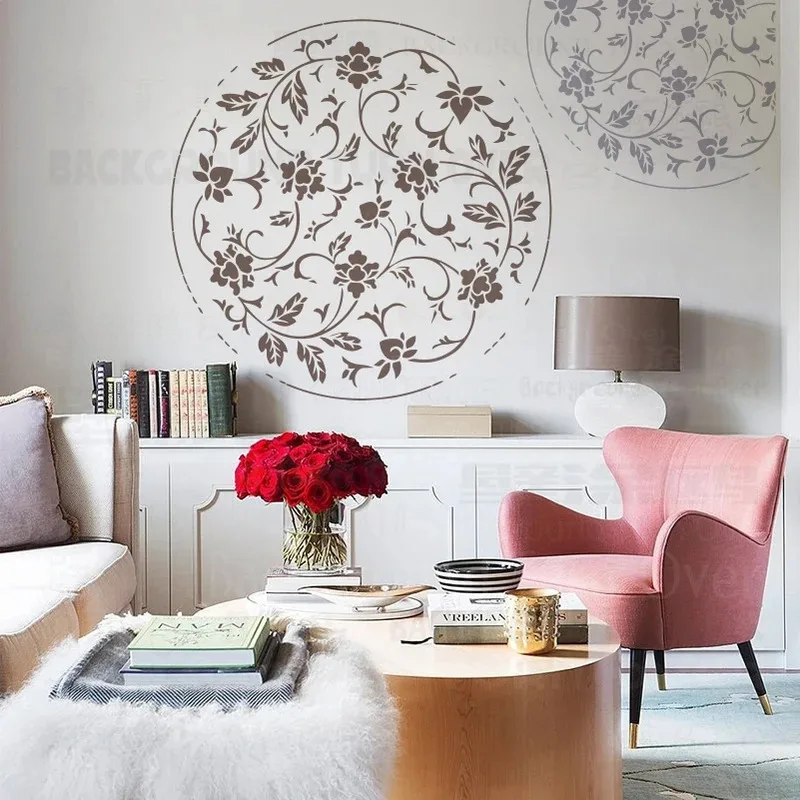 

Настенный трафарет Tuya для декора, 40 см-80 см, декоративная штукатурка, шаблон лозы, круглый цветок, винтажный
