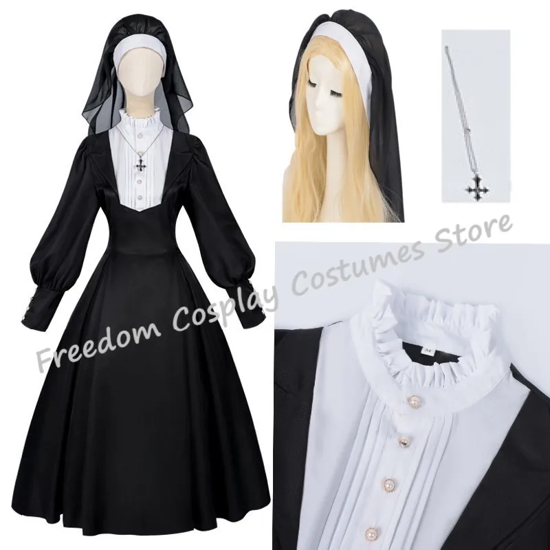 

Nun Cosplay Costume Women Uniform Set-Party Halloween Outfit Adult sexy Gothic Nun Black Dress Masquerade Show Costumes Necklace