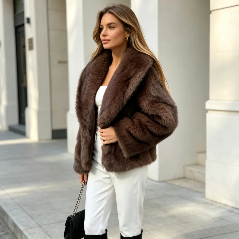 Women Faux Fur Coats Big Turn Down Collar Long Sleeves Open Stitch Straight Fit Casual 2026 Autumn Winter Solid Short Jackets