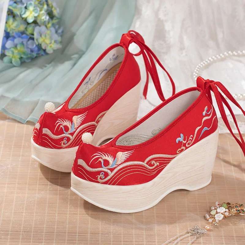 Women Cheongsam Hanfu High-heeled Embroidered Shoes Chinese Style Ancient Fairy Cosplay Ankle Boots Pearl Lace-up Cloth Shoes