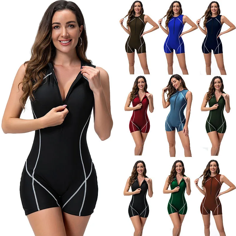 Bikini Surfing Front Zipper Wetsuit Women Rash Guards Sleeveless Flat Angle Shorts One Piece Swimwear Snorkeling Diving Suit