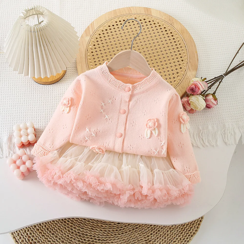 

Girls Knitted Clothes Sets Spring Autumn 2024 Children Woolen Jersey Sweaters Coats Tutu Skirts 2pcs Dress Suit For Baby Outfits