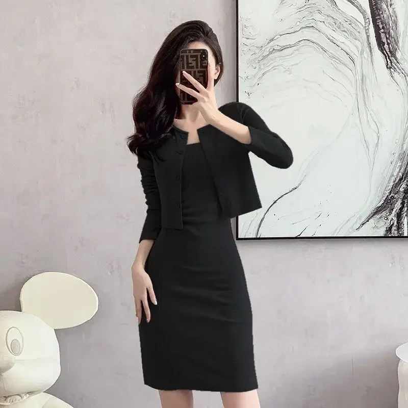 Gray Dress Sexy Mini Short 2 Pieces Sets for Women Mature Woman Outfit Night Club Commuting Long Sleeve Slim Fit New in The Same