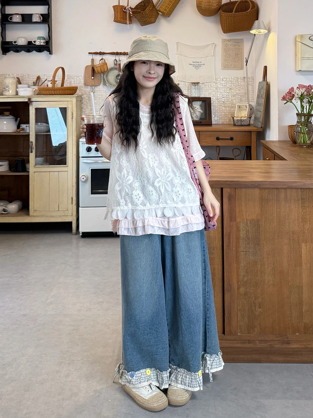 

plus Size Women's Vintage Lace Windbreaker Inner Wear Layered Loose Slimming Jeans Wide Leg Pants Three Piece Set Summer