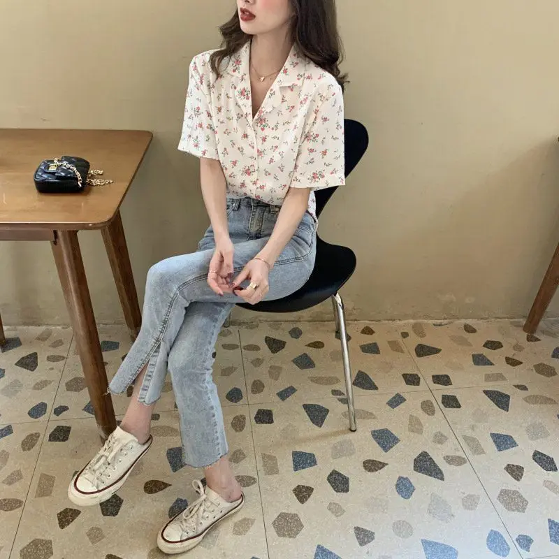 Summer Woman Clothes HongKong Retro Style Floral Printing Loose Fashion Thin Ins Chiffon Wild Youth Lively Bright Polo-neck Easy