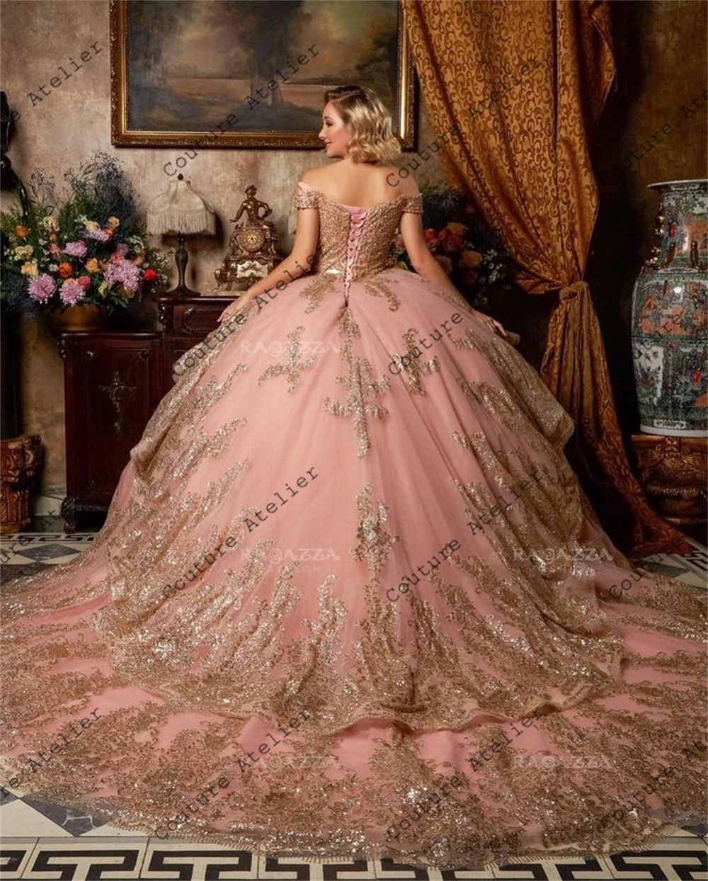 Light Pink Gold Sequin Appliques Quinceanera ปิดชุดไหล่ชุดไปงานเต้นรำวันเกิดชุดลูกไม้หวาน16 Vestidos