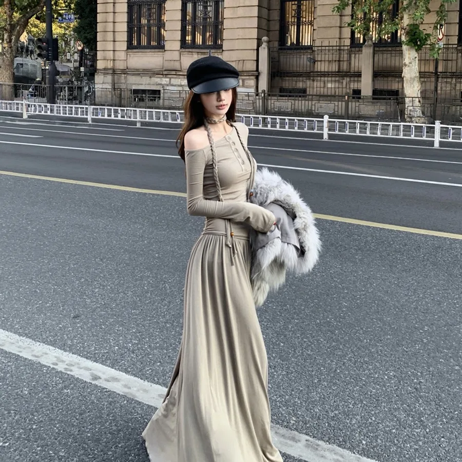 Sexy longue Sve asymétrique oulder minceur Dr rétro vêtements intérieurs trajet taille haute coréen Sle automne nouveau Dr des femmes