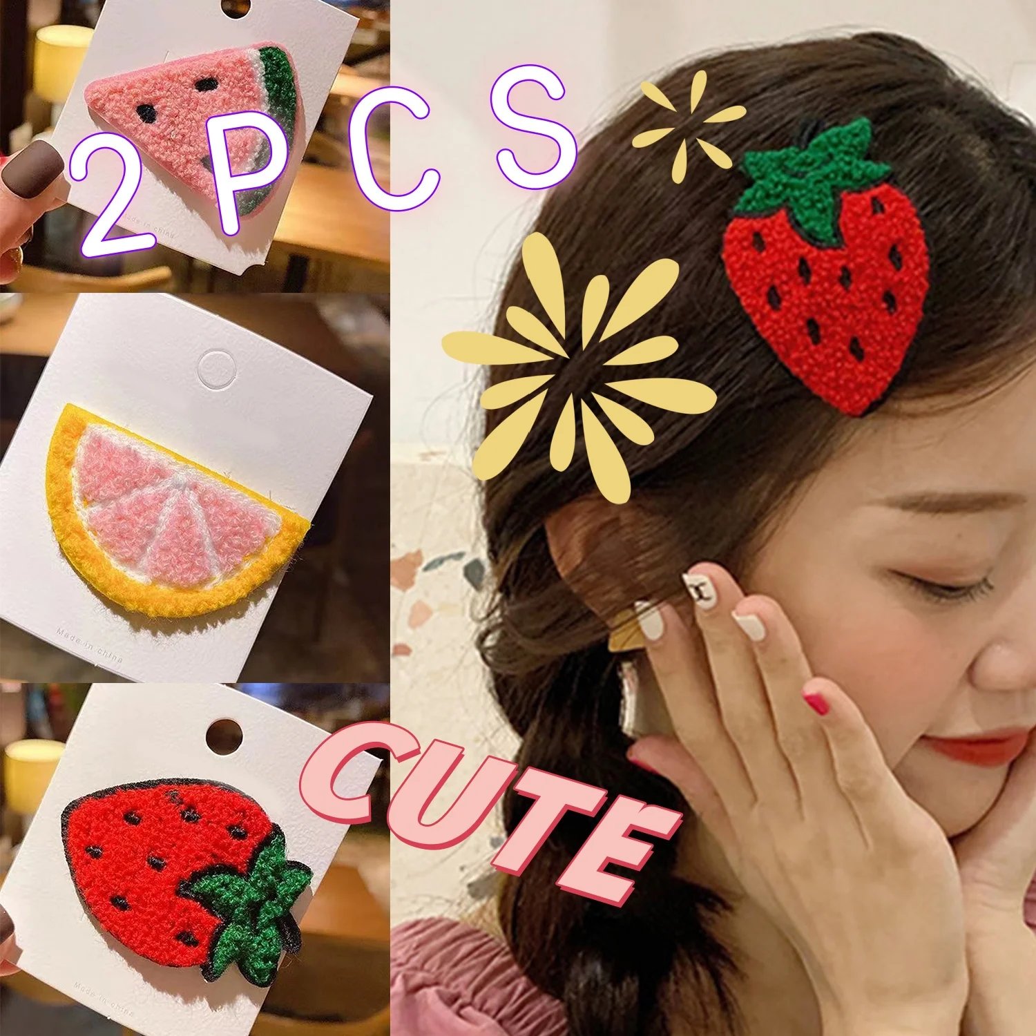 2PCS Hand Knitted Fruit BB Hairpin Woolen Yarn Hair Clip Colorful Knitted Hair Clips Watermelon Avocado Strawberry Hairclips