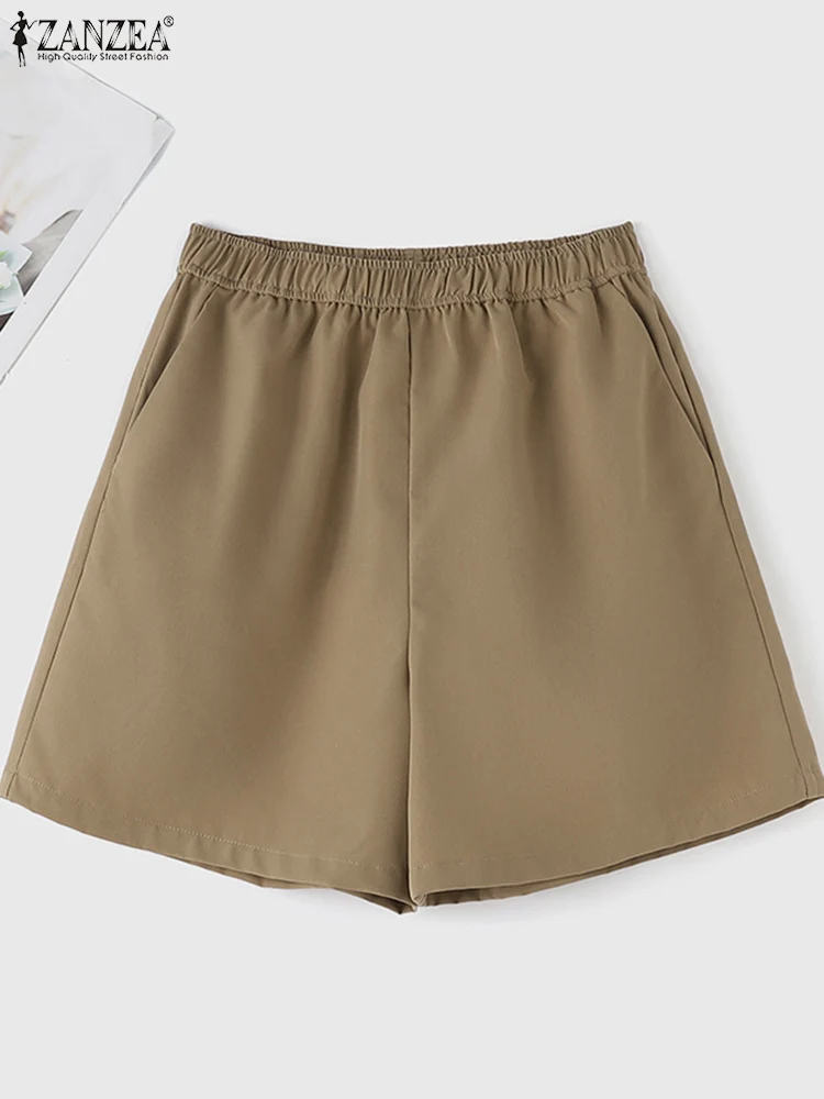 

ZANZEA Fashion Summer Elastic Waist Casual Loose Wide Leg Pants Elegant Solid Shorts Women Work Trousers Streetwear Pantalon