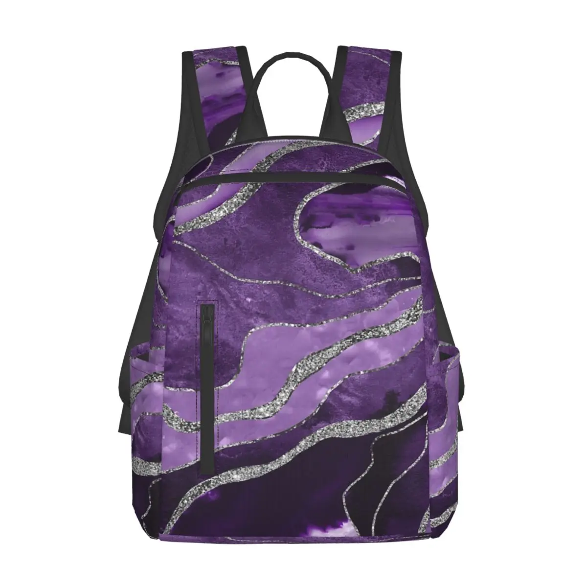 Purple Marble Agate Silver Glitter Backpack Daypack Large Capacity Children BookBag School Bag Shoulder Bags for Men Women