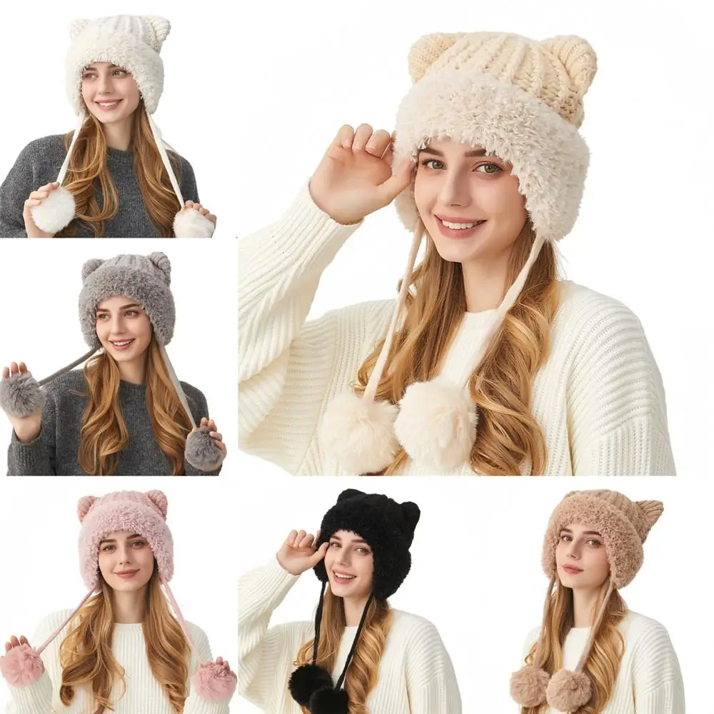 Casual Cat Ears Knitted Beanies Thickened Windproof Women's Ear Protection Knit Hat Fleece-Lined Pom-Pom Hat