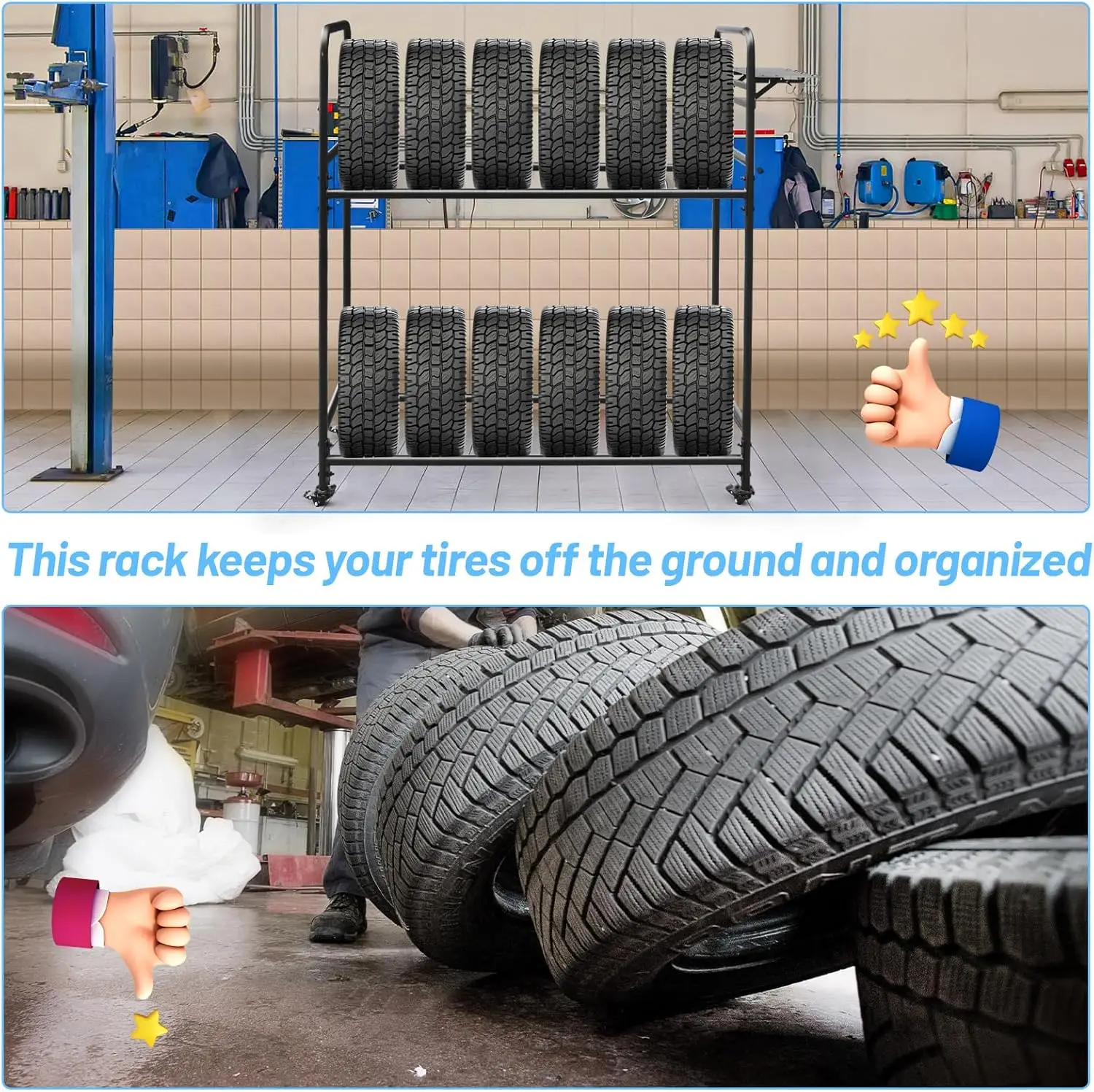 Regulowany metalowy stojak na opony z składaną tablicą narzędziową, 4 kółka obrotowe, wysokość 150 cm, udźwig 300 kg do przechowywania w garażu