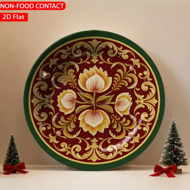 1pc Ornate Floral Pattern Red Golden Ceramic Plate Non-Food Contact, Home Desk Ornaments, Living Room And Bedroom Decorations,