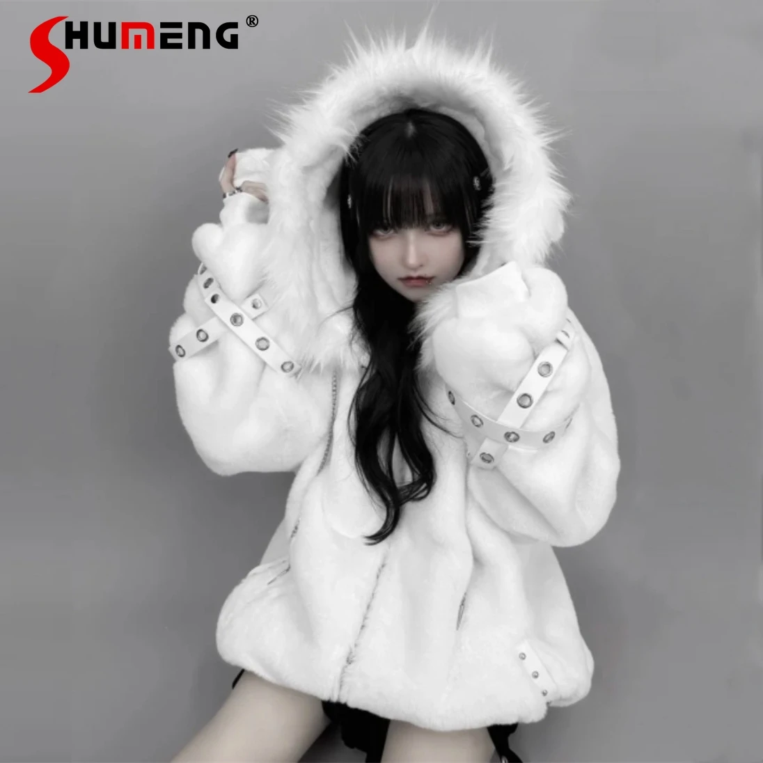 

Harajuku Mine White Plush Jacket Women's Sweet Cool Warm Thickened Subculture Punk Hooded Faux Fur Jacket Japanese Loose Coats